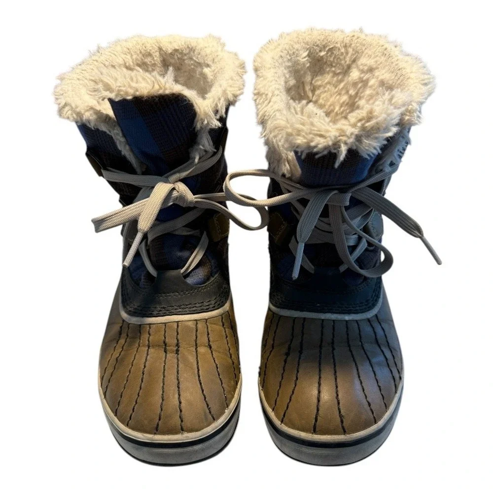 Sorel Winter Fancy Camp Waterproof Plaid Faux‎ Fur Boots Blue Brown 7.5